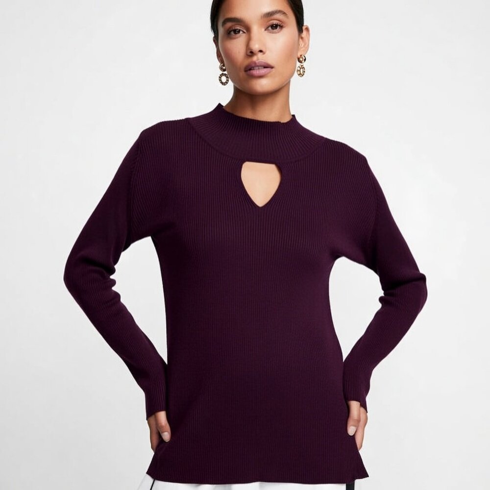 🌟NWT Calvin Klein Dark Purple Ribbed Mock Neck Keyhole Sweater XL - Picture 14 of 15